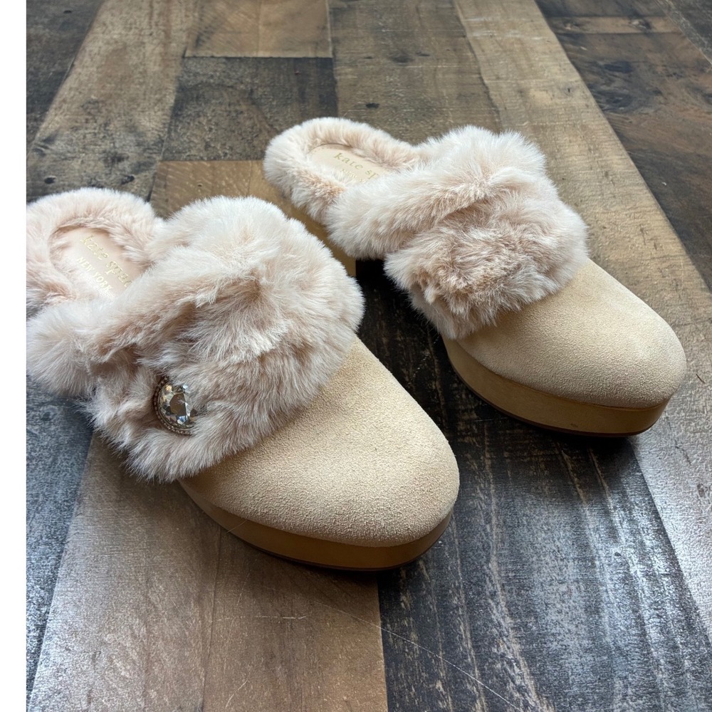 Kate Spade Faux Fur Suede Platform Mules Womens Beige Crystal Embellished Shoes